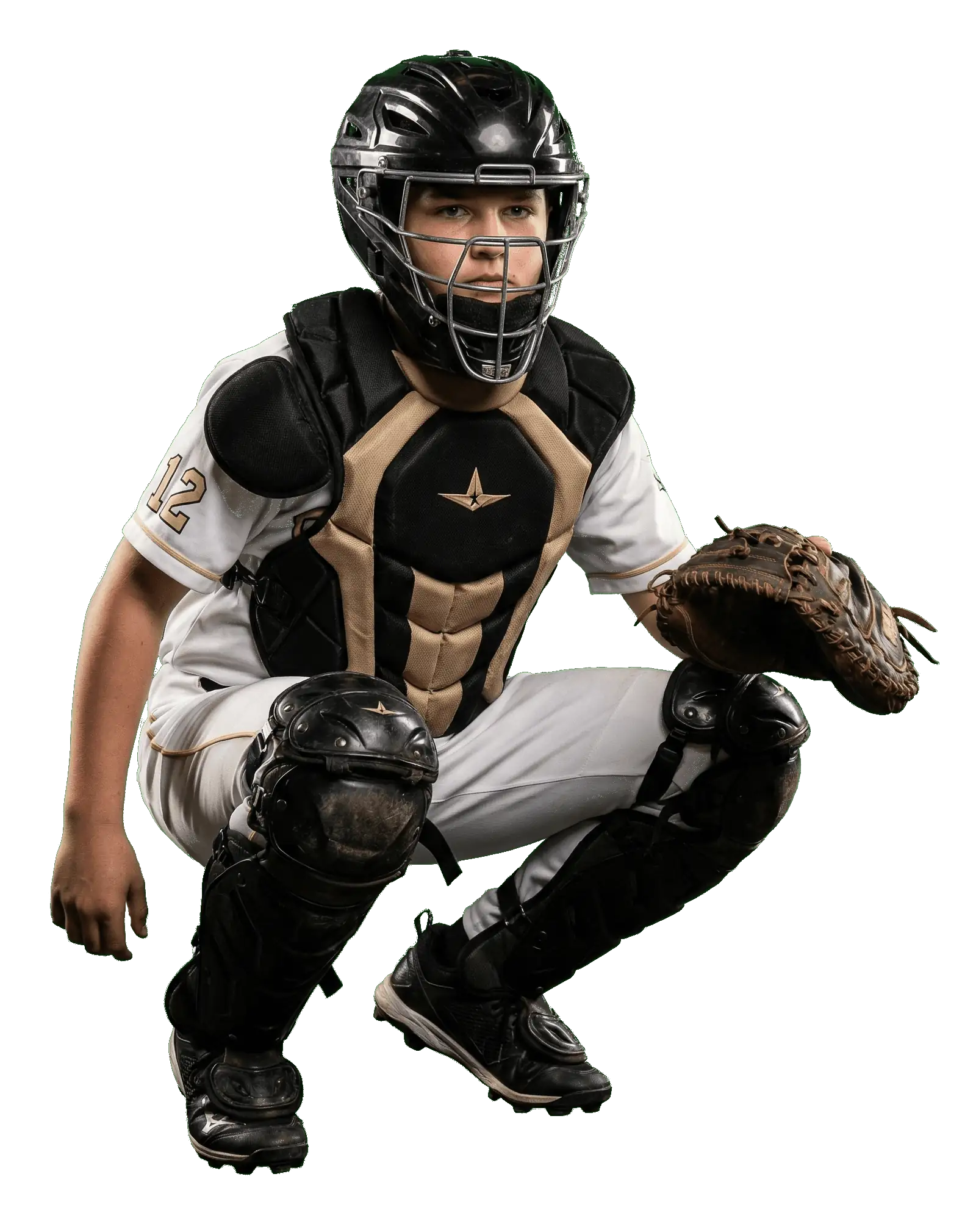 children's baseball club Baseball catcher in crouched position wearing protective gear